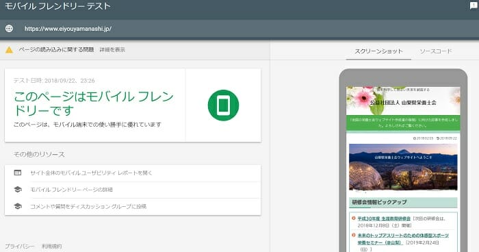 モバイルフレンドリーテストの結果